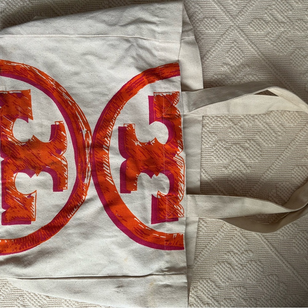 RARE Tory Burch Canvas Tote with Orange and Pink Logo